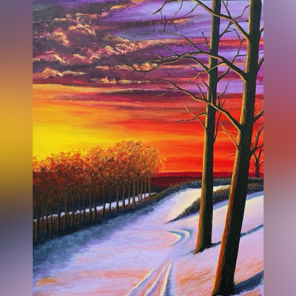 Acrylic painting on canvas sheet of a snowy evening sky.